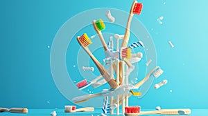 A group of toothbrushes performing a daring toothpick tower stunt with one brush spinning on its head at the very top