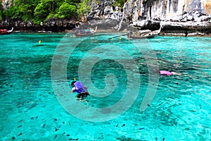 Group of Tourism on trip in purple or violet and life jacket with diving mask is snorkeling among many Indo-Pacific sergeant fish