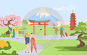 Group of tourist people together explore japan country, japanese travel attraction fuji mountain flat vector