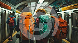 A group of tourists with backpacks and cameras taking a subway to explore the citys different neighborhoods