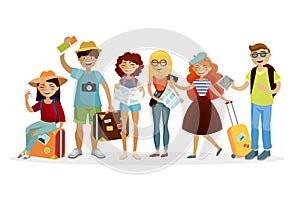 Group of tourists cartoon characters flat illustration. Young funny people with suitcases are traveling together. photo