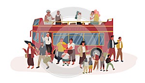 Group of tourists flat vector illustration. Kids, youth and seniors in sightseeing bus isolated cartoon characters on