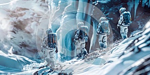 A group of tourists in spacesuits exploring the icy geysers of Enceladus, one of Saturn's moons. photo