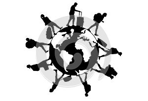 Group of tourists with suitcases, backpacks, walking around the world. Silhouettes of people going on circle,isolated on white
