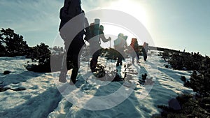 A group of tourists travels through the snow-capped mountains