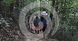 Group Of Tourists Walking Through Woods On Hike, Diverse People Trekking Forest Path Together