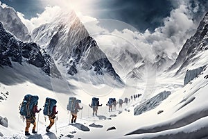 Group of tourists in winter in the mountains. Teamwork concept. Neural network AI generated