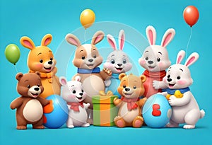 a group of toy animals are standing in front of a blue background