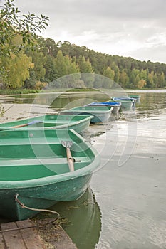 Group of traditional rowing boats moored to the pier