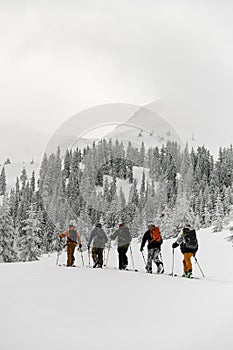 Group of travelers with backpacks hiking on skis in snow. Ski touring concept