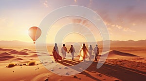 Group of travelers in local dress meets sunrise in desert and watching pink balloons. Magical landscape of Cappadocia at