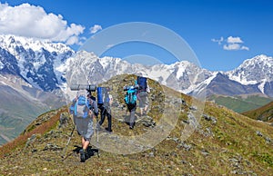 Group of trekkers in the summer mountains