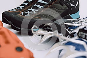 Group of trekking stuff on white background