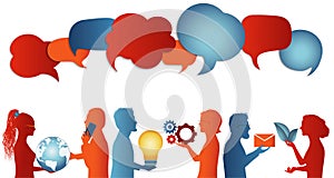 Group of trendy profile silhouettes people talking sharing ideas information or data. Social media concept. Clouds. Communicate