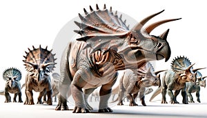 Group of triceratops on white background. Generative Ai