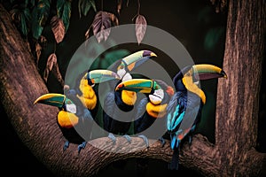 group of tucans perched on tree branch