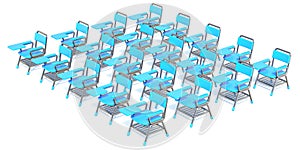 Group of twenty blue student chairs 3D render orthographic