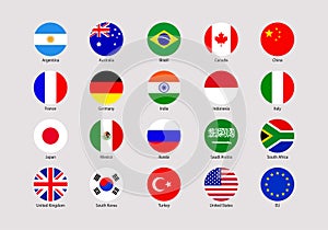 The Group of Twenty flags rounded icons. G20 official signs with members countries names. Vector USA ,Canada, France