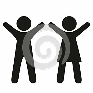 Group two children training, hands up, black sihouette, vector symbol, eps.