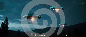 A group of UFOs hovering above a dark forest with mountains in the background