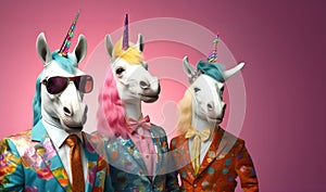 Group of unicorn in funky Wacky wild mismatch colourful outfits isolated on bright background advertisement