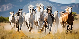 Group of untamed horses sprinting through expansive grasslands, concept of Powerful freedom