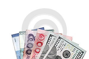Group of US dollar and Thai bath cash money banknotes paper in financial payment system with different values on white background