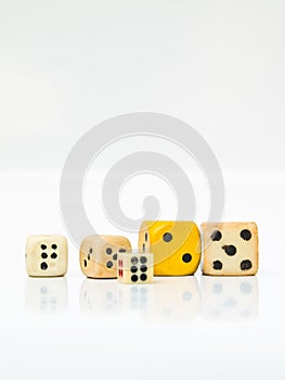 A group of used dice on white background.