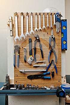 Group of used tools on wood deck, toolkit