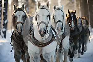 A group of varied horses, adorned with harnesses, stands attentively amid a snowy forest setting.