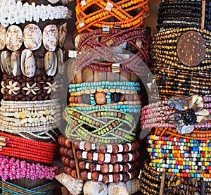 Group of various bead bracelets.