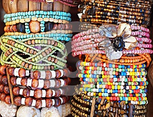 Group of various bead bracelets.
