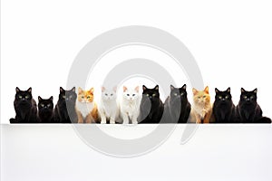 Group of various cat breeds, large and small, isolated on white background with copy space