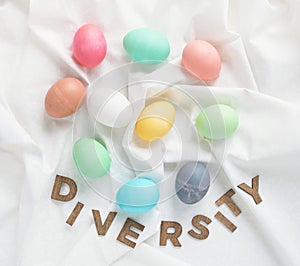 Group of Various Colored, Imperfect Eggs with Diversity Word