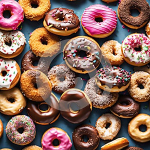 A group of various fresh donuts with pink, yellow, chocolate icing