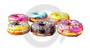 A group of various fresh donuts with pink, yellow, chocolate icing