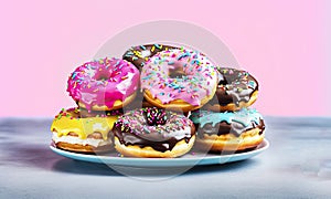 A group of various fresh donuts with pink, yellow, chocolate icing o pink background