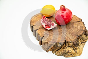 Group of various fruit consists half of tangerine, lemon. fresh fruit on wooden table, isolated wooden plank with space