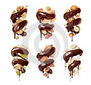 Group of various nuts in chocolate spiral isolated on white background