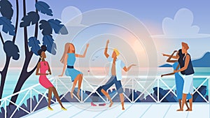 Group of vector young friends relaxing and spending time together on open air terrace with sunset sea view. Man and