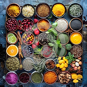 Group of vegan food rich in antioxidants. Top view. Ingredients for the healthy foods selection The concept of healthy food set up
