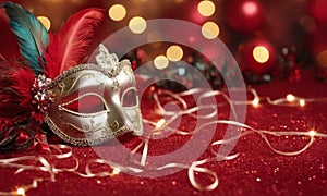 A group of Venetian or Mardi Gras masks on a dark, glittery surface with a bokeh light effect in the background.