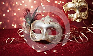 A group of Venetian or Mardi Gras masks on a dark, glittery surface with a bokeh light effect in the background.