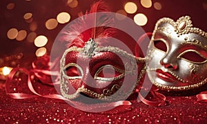 A group of Venetian or Mardi Gras masks on a dark, glittery surface with a bokeh light effect in the background.