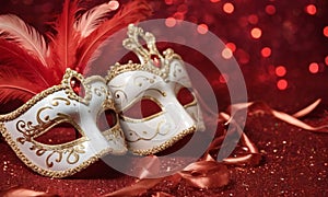 A group of Venetian or Mardi Gras masks on a dark, glittery surface with a bokeh light effect in the background.