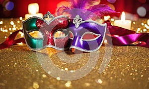 A group of Venetian or Mardi Gras masks on a dark, glittery surface with a bokeh light effect in the background.