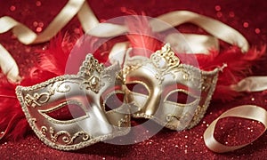 A group of Venetian or Mardi Gras masks on a dark, glittery surface with a bokeh light effect in the background.