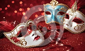 A group of Venetian or Mardi Gras masks on a dark, glittery surface with a bokeh light effect in the background.