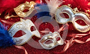 A group of Venetian or Mardi Gras masks on a dark, glittery surface with a bokeh light effect in the background.