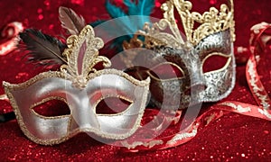 A group of Venetian or Mardi Gras masks on a dark, glittery surface with a bokeh light effect in the background.